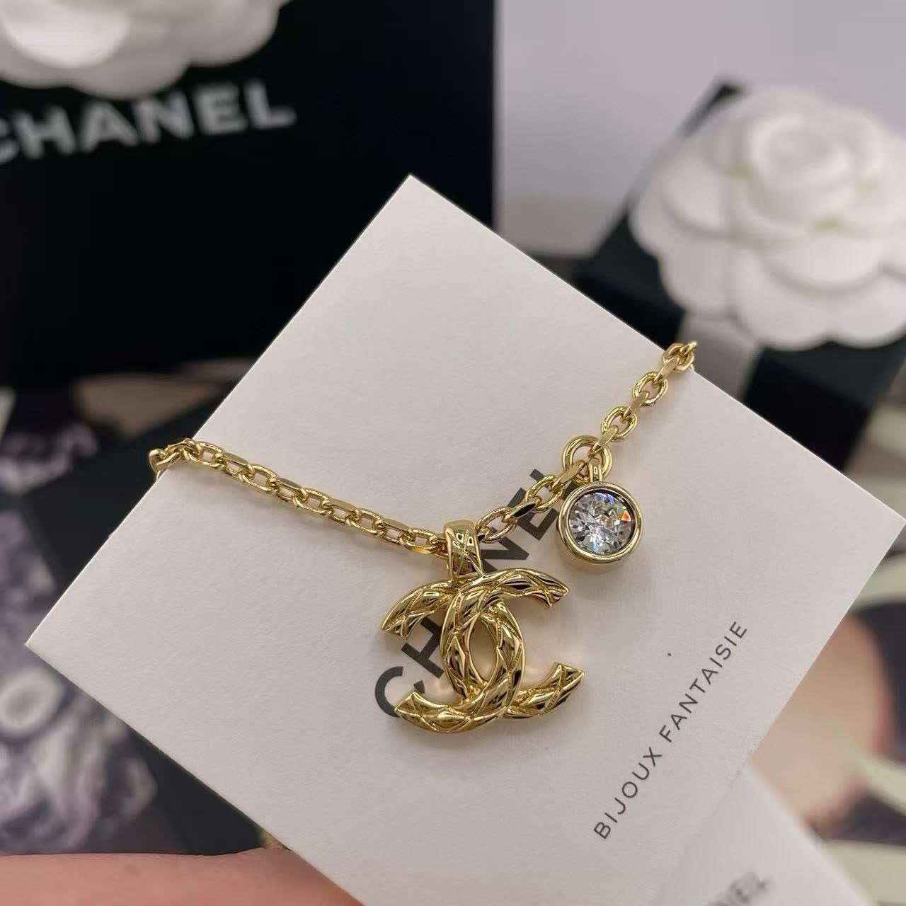 Chanel CC Logo Gold Plated Necklace with Crystal