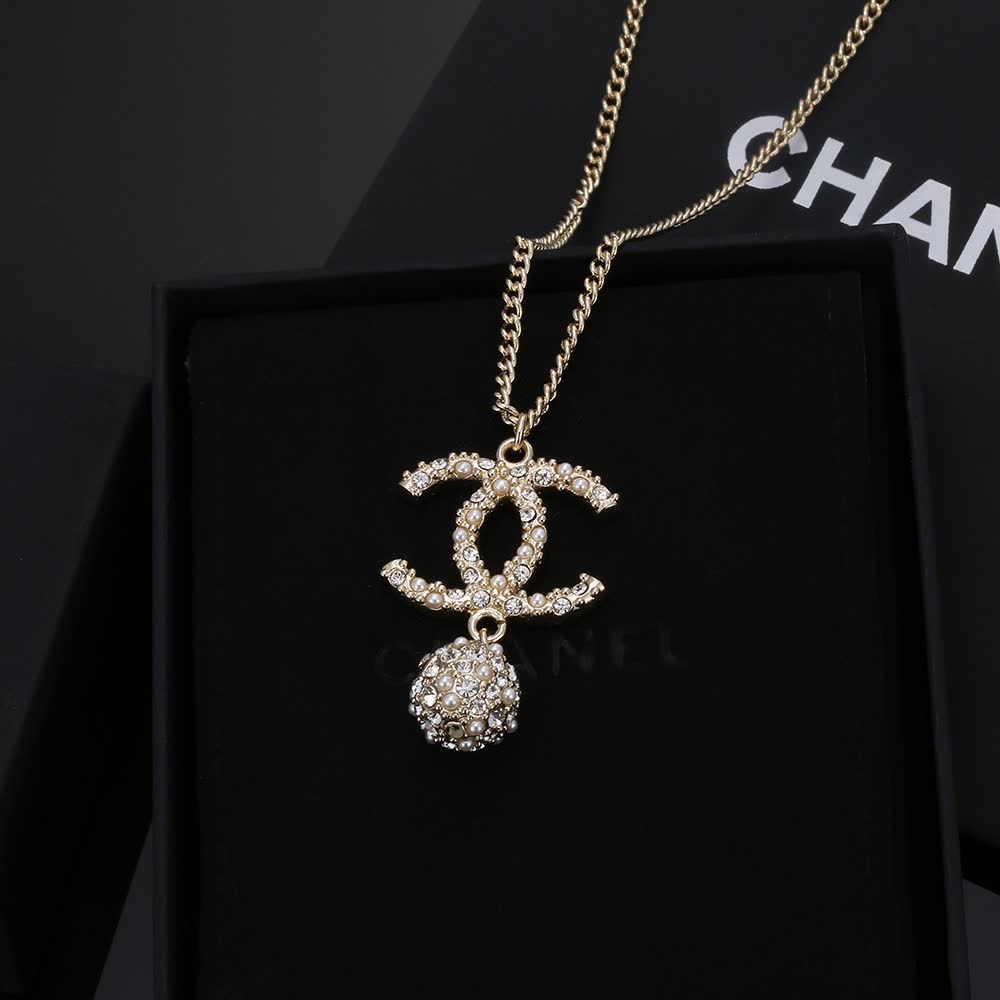 Chanel CC Logo Crystal Pendant Necklace