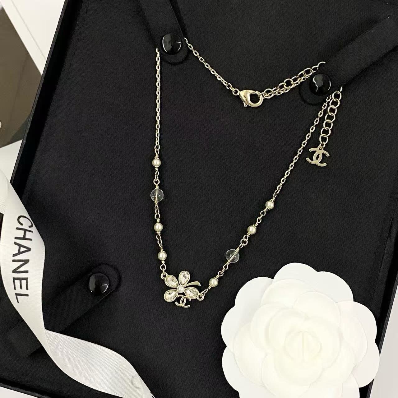 Chanel Silver Tone Crystal and Pearl Necklace