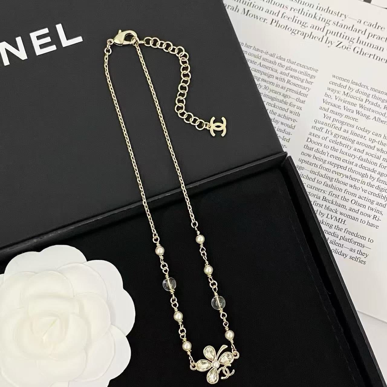 Chanel Silver Tone Crystal and Pearl Necklace