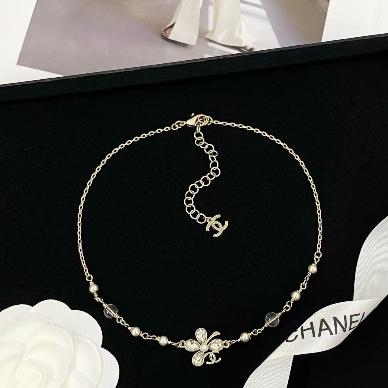 Chanel Silver Tone Crystal and Pearl Necklace