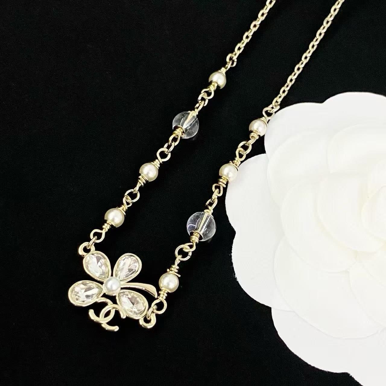 Chanel Silver Tone Crystal and Pearl Necklace