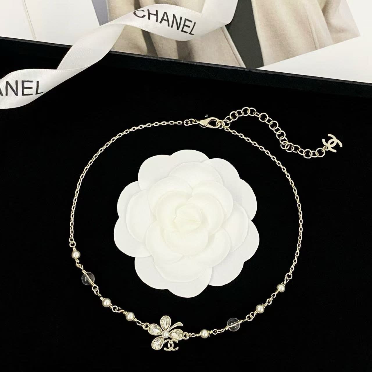 Chanel Silver Tone Crystal and Pearl Necklace