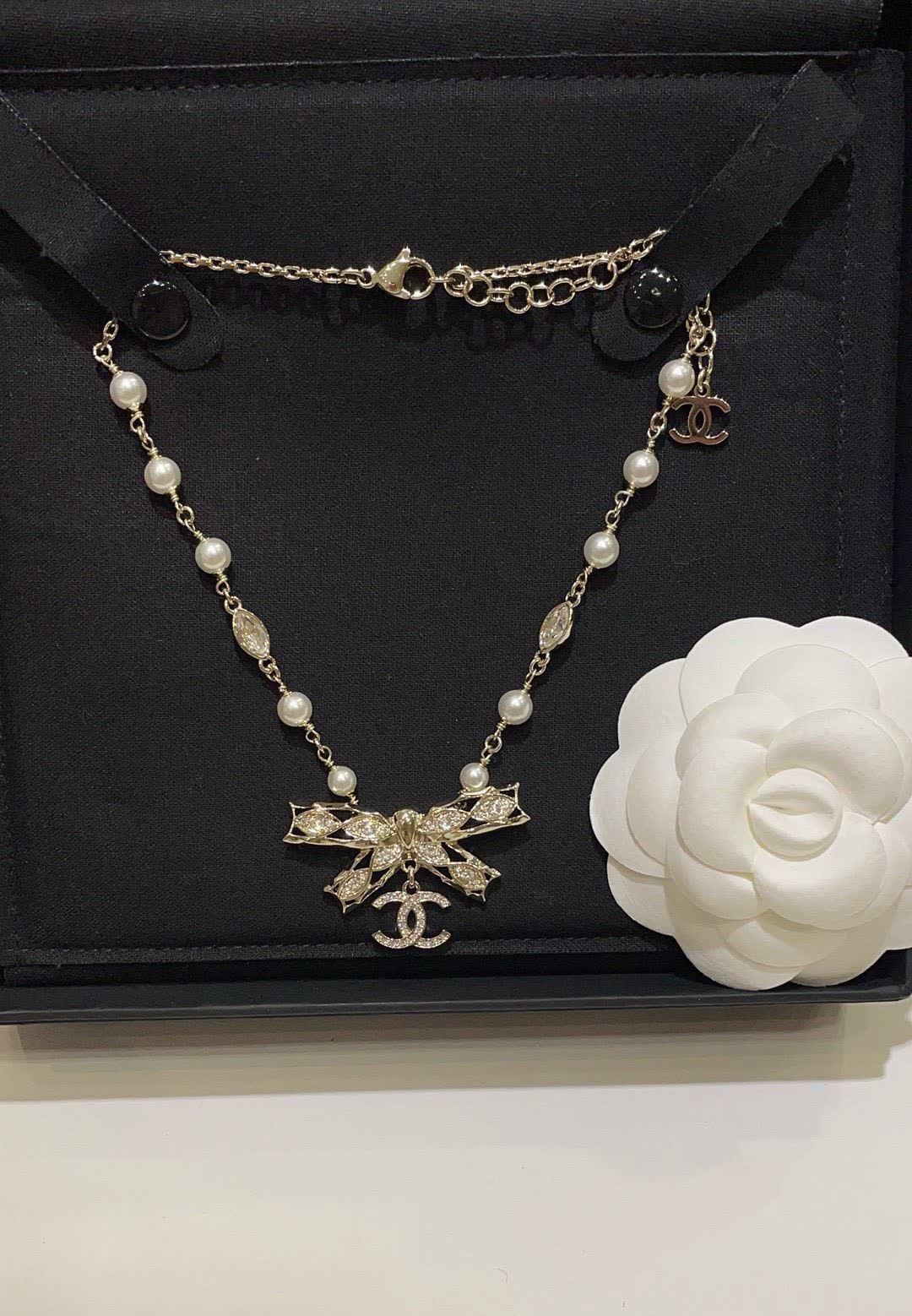Chanel Pearl and Crystal Bow Necklace