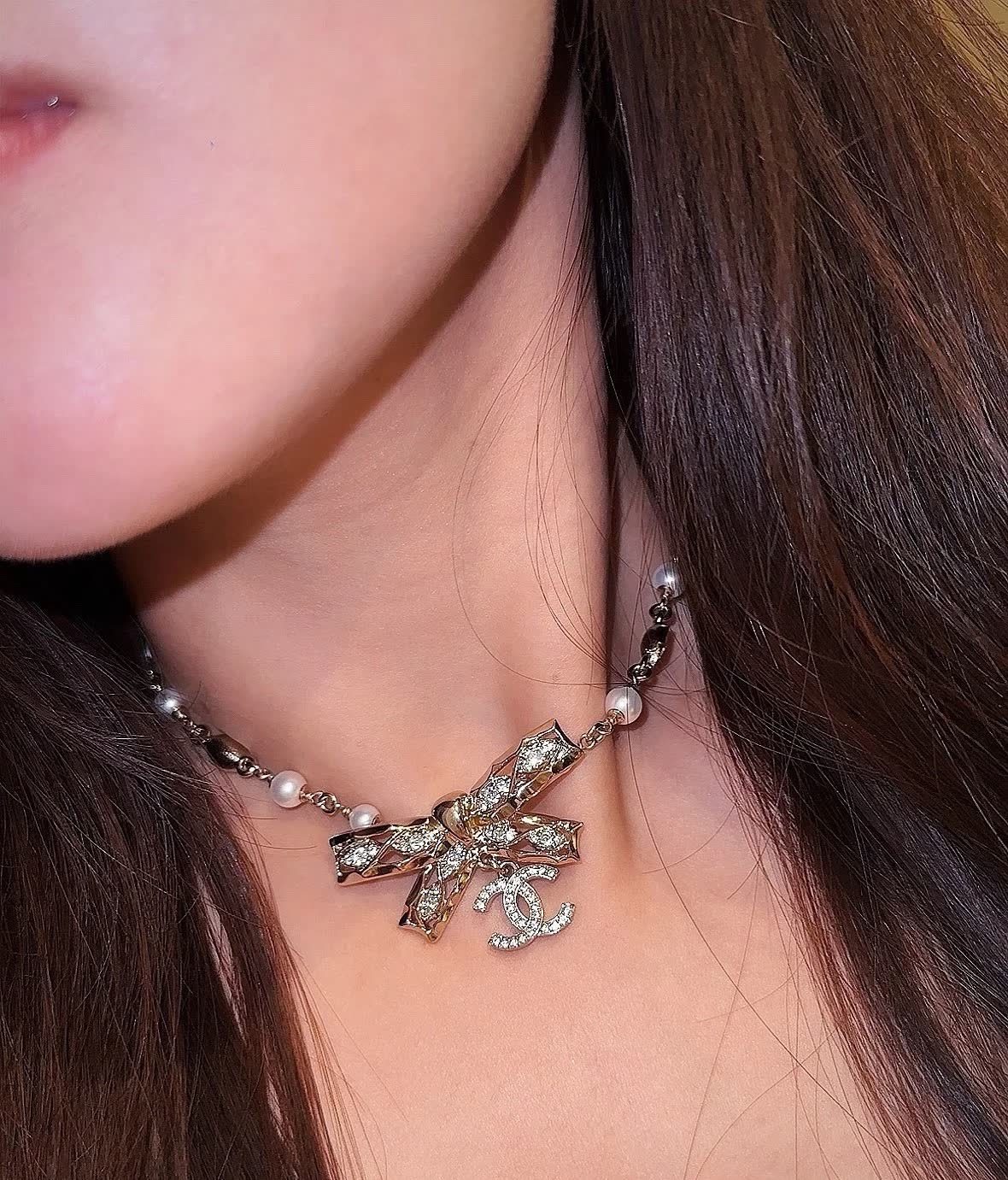 Chanel Pearl and Crystal Bow Necklace