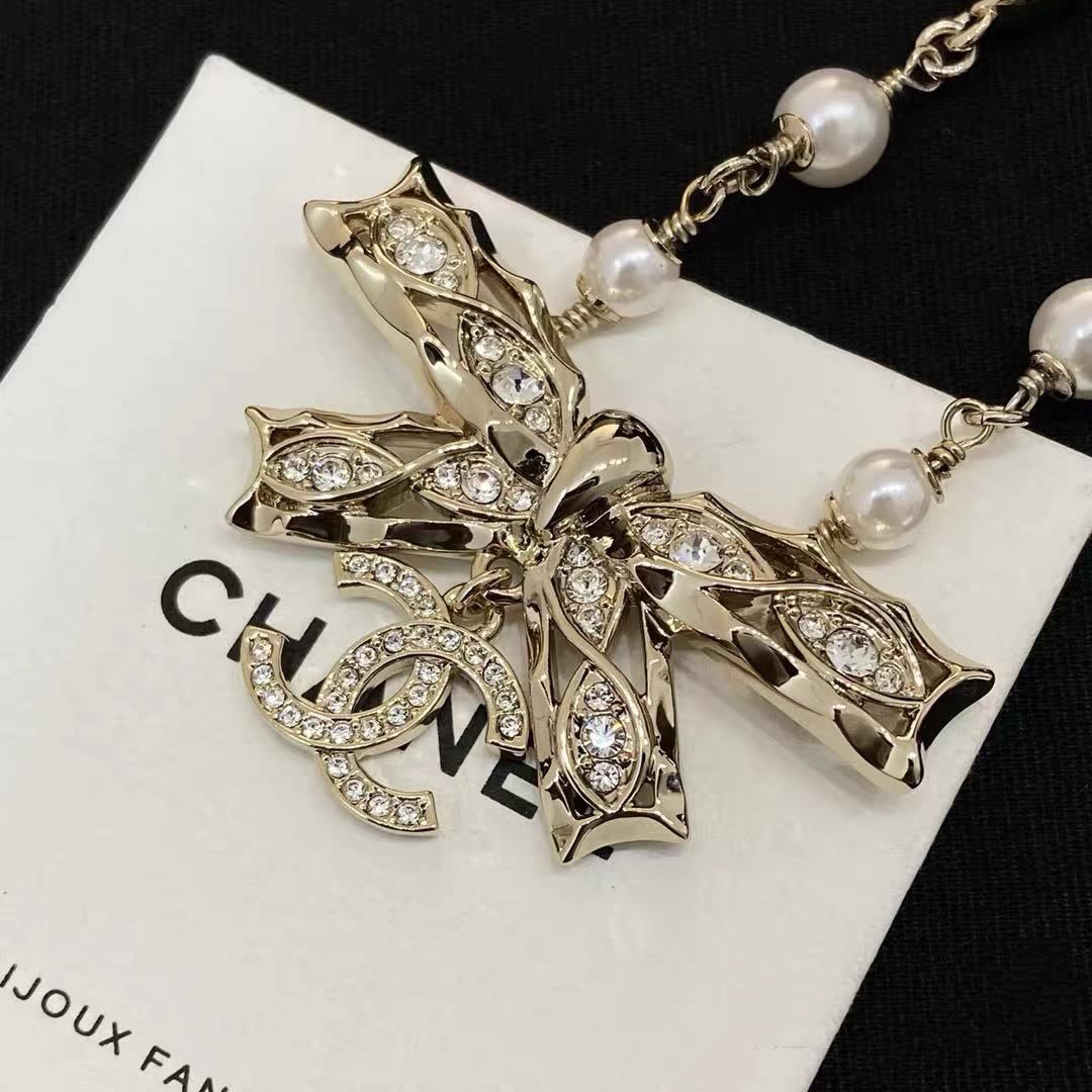 Chanel Pearl and Crystal Bow Necklace