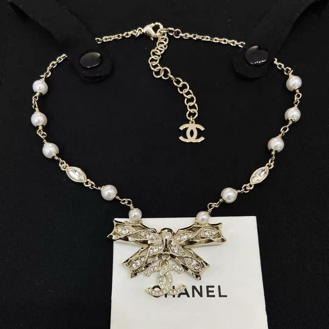 Chanel Pearl and Crystal Bow Necklace