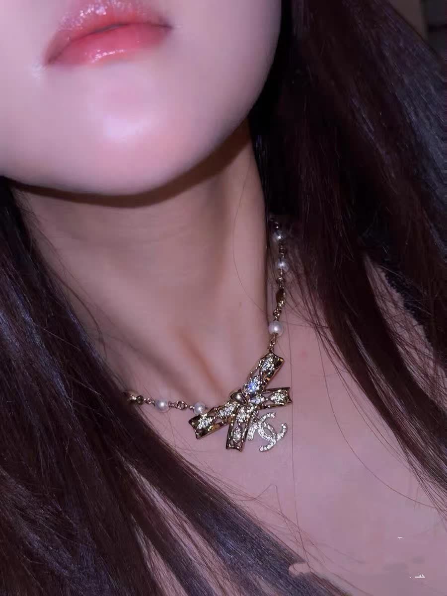 Chanel Pearl and Crystal Bow Necklace