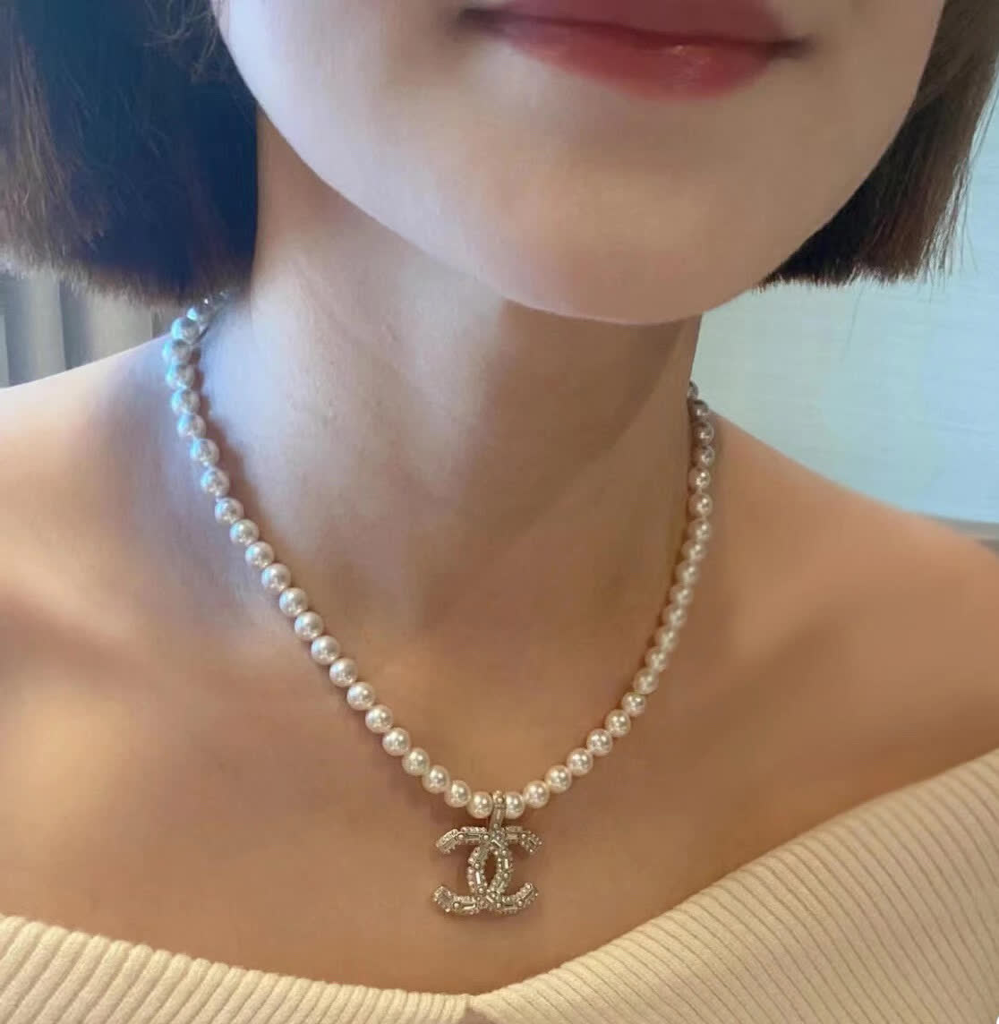 Chanel Pearl Necklace with CC Pendant