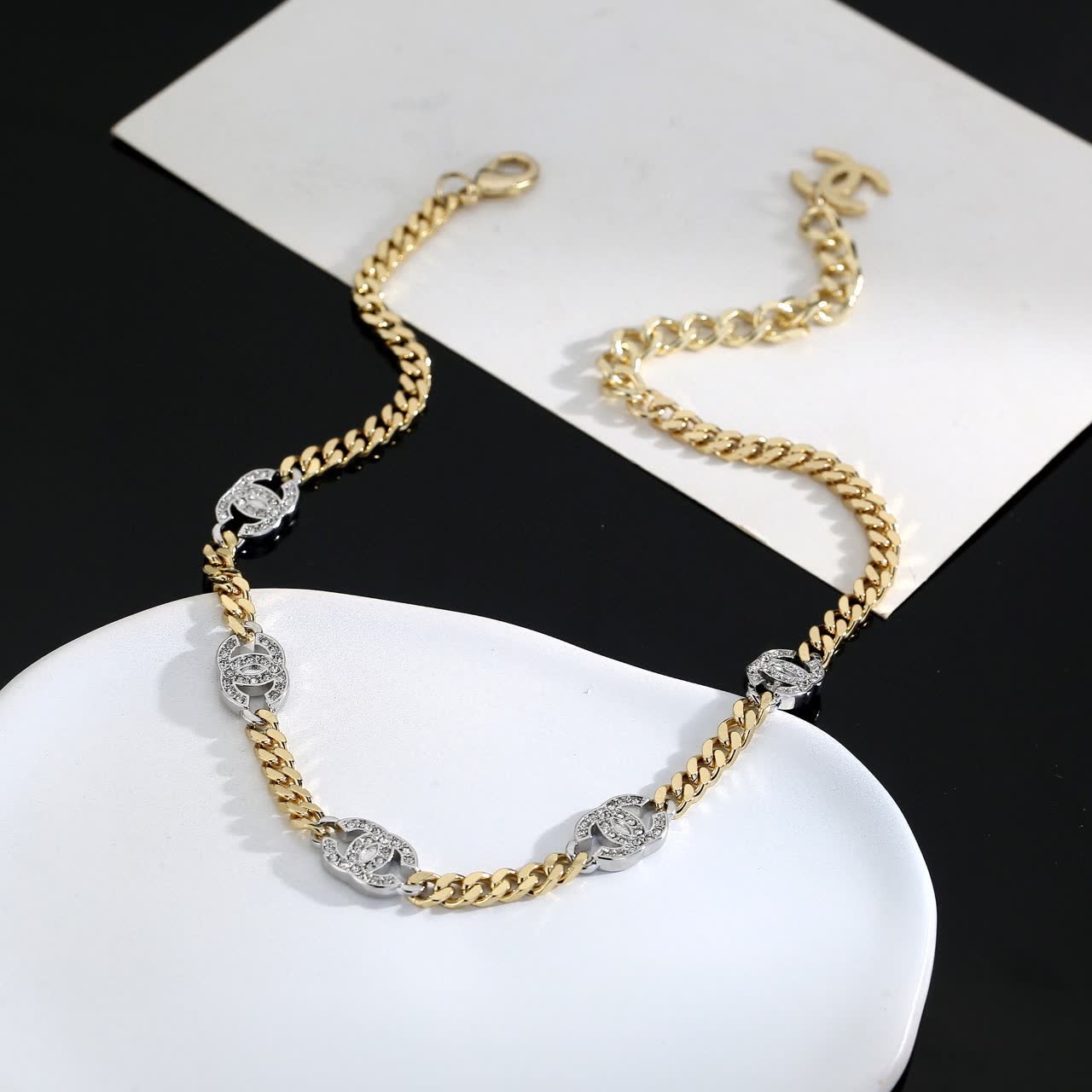Chanel Gold and Silver Chain Necklace with CC Logo