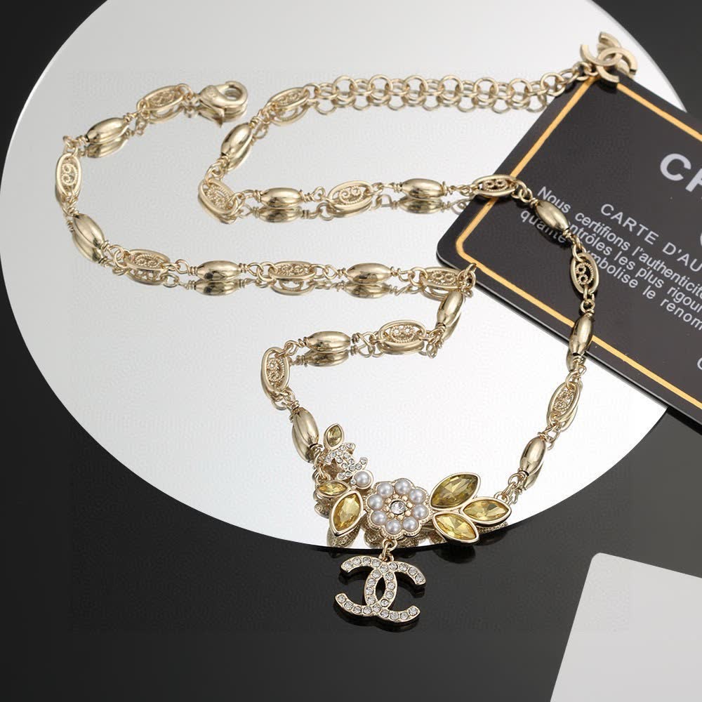 Chanel Gold Tone Chain Necklace with Crystal CC Logo and Gemstone Flower Design
