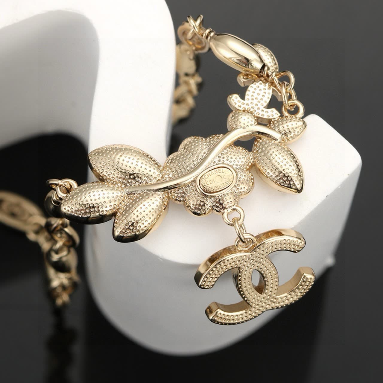 Chanel Gold Tone Chain Necklace with Crystal CC Logo and Gemstone Flower Design