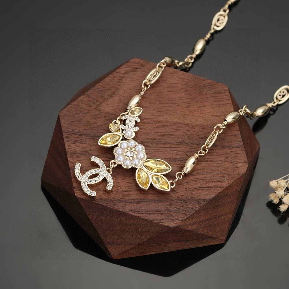 Chanel Gold Tone Chain Necklace with Crystal CC Logo and Gemstone Flower Design