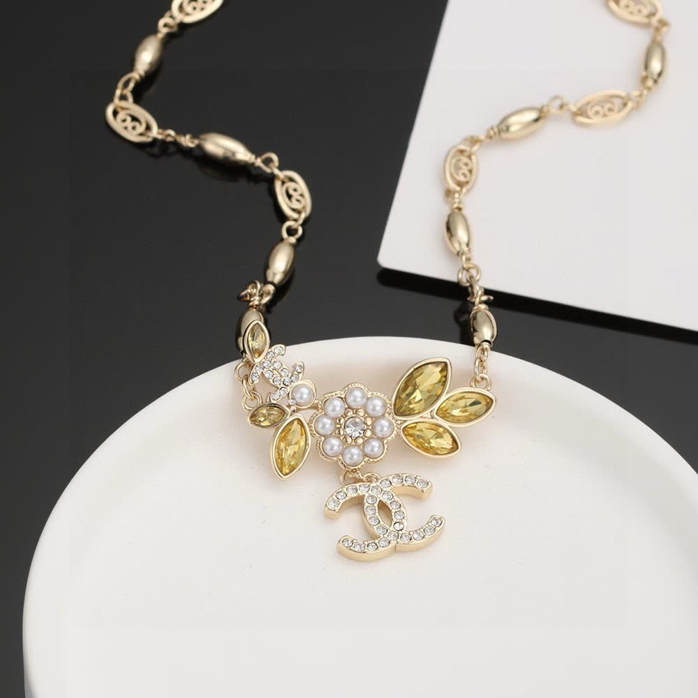 Chanel Gold Tone Chain Necklace with Crystal CC Logo and Gemstone Flower Design
