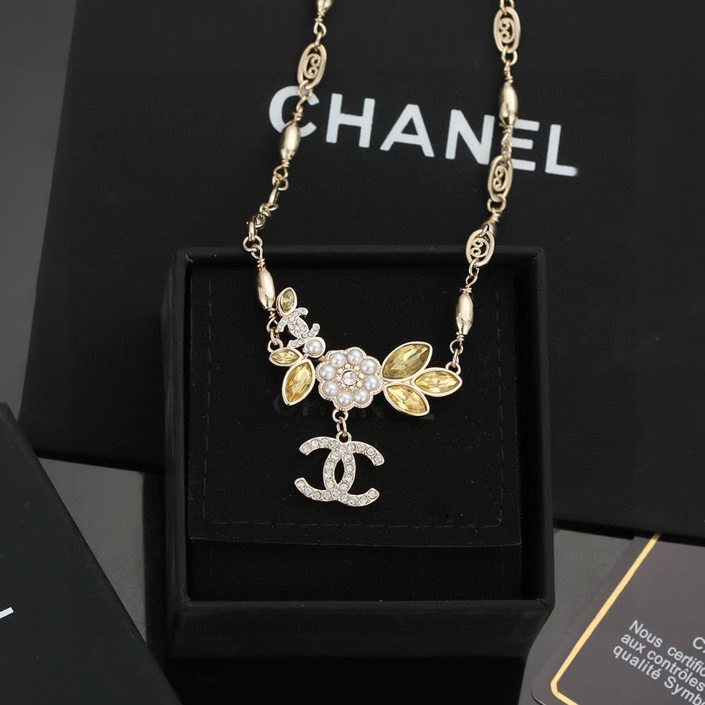 Chanel Gold Tone Chain Necklace with Crystal CC Logo and Gemstone Flower Design