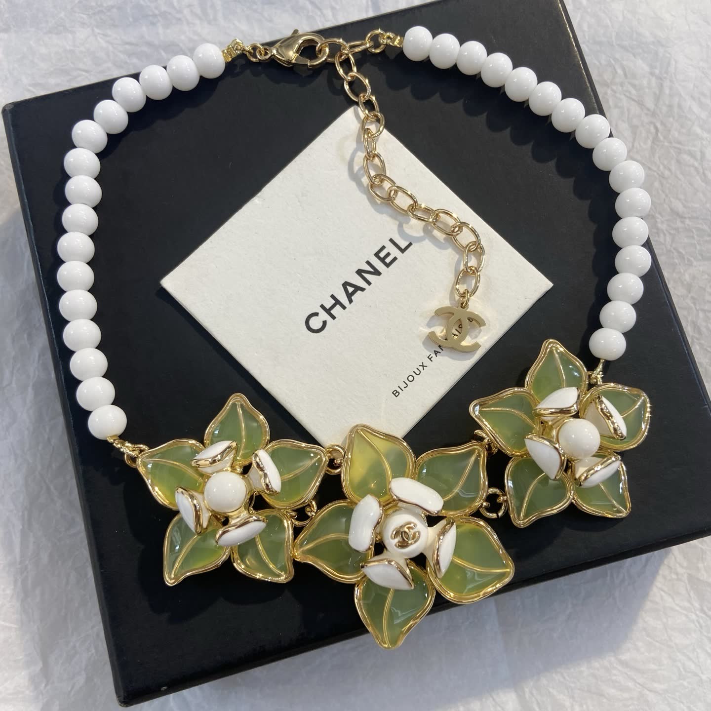 Chanel Beaded Necklace with Gold and Black Flowers