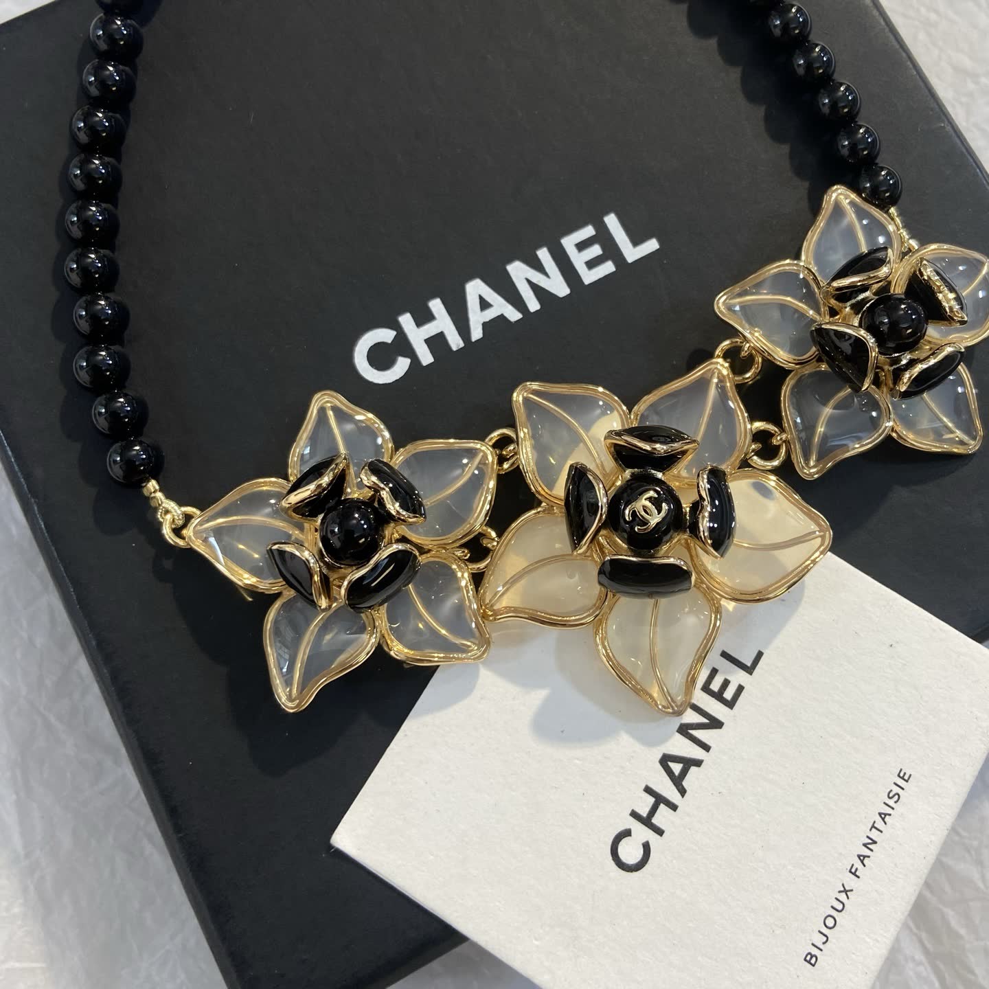 Chanel Beaded Necklace with Gold and Black Flowers