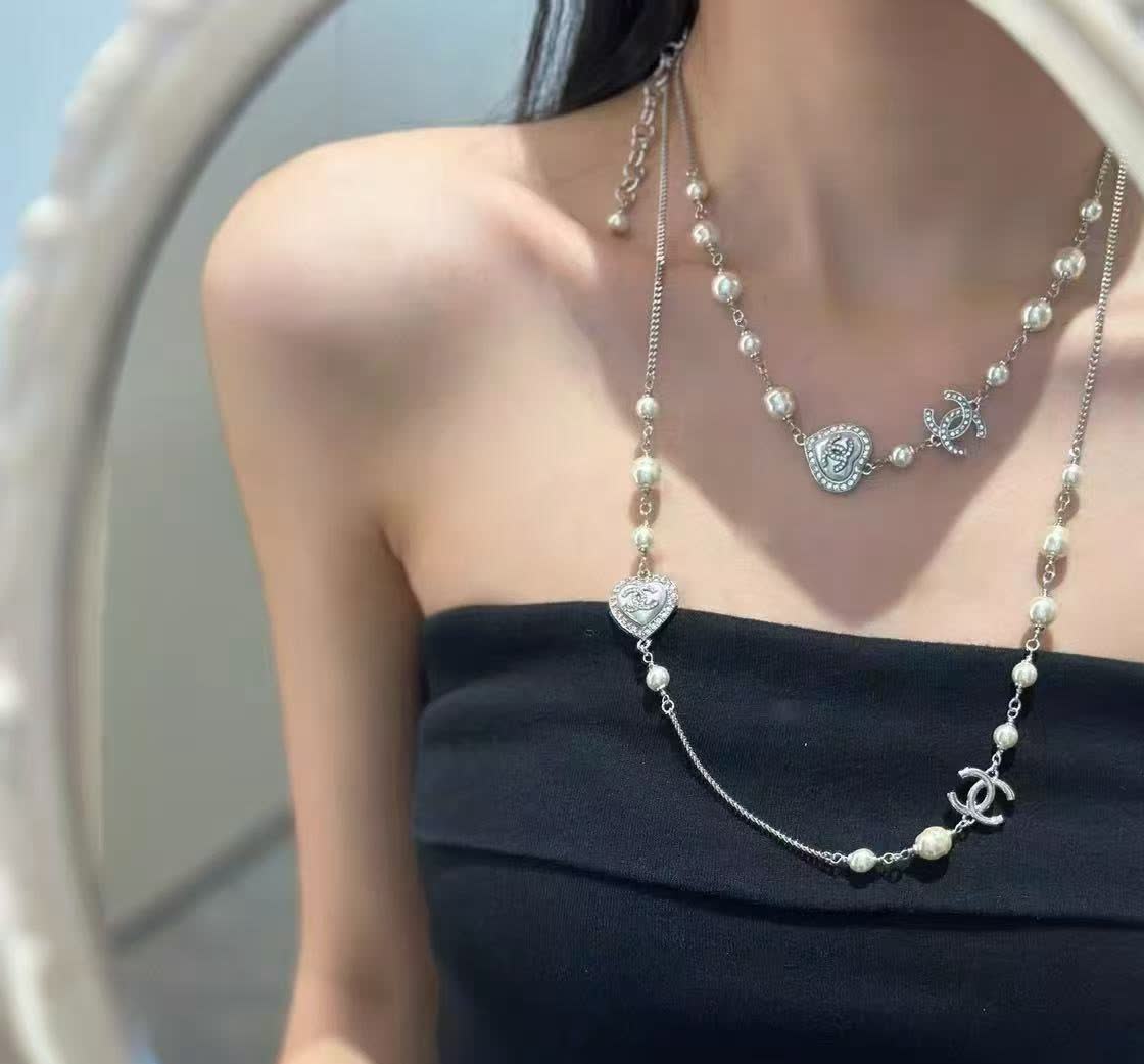 Chanel Pearl and Heart Charm Necklace