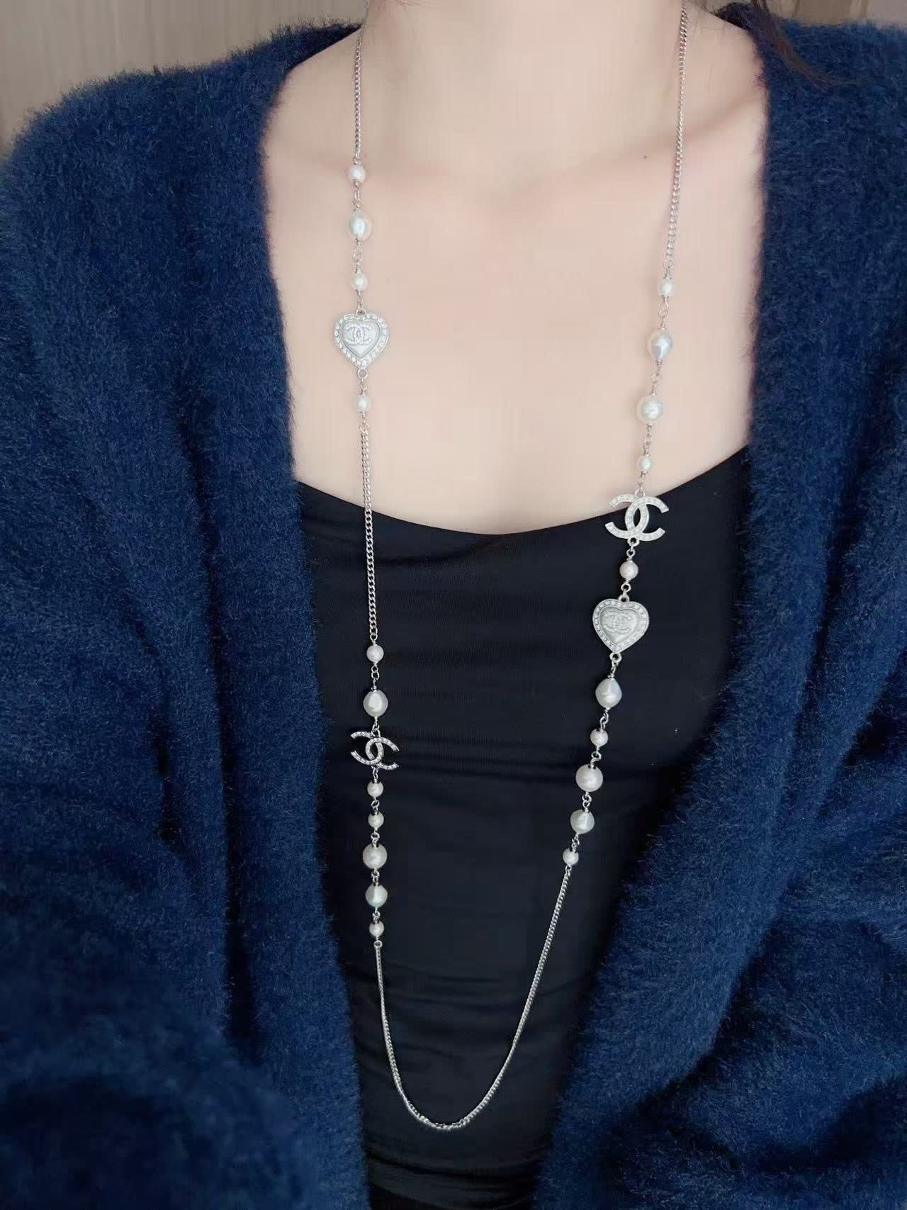Chanel Pearl and Heart Charm Necklace
