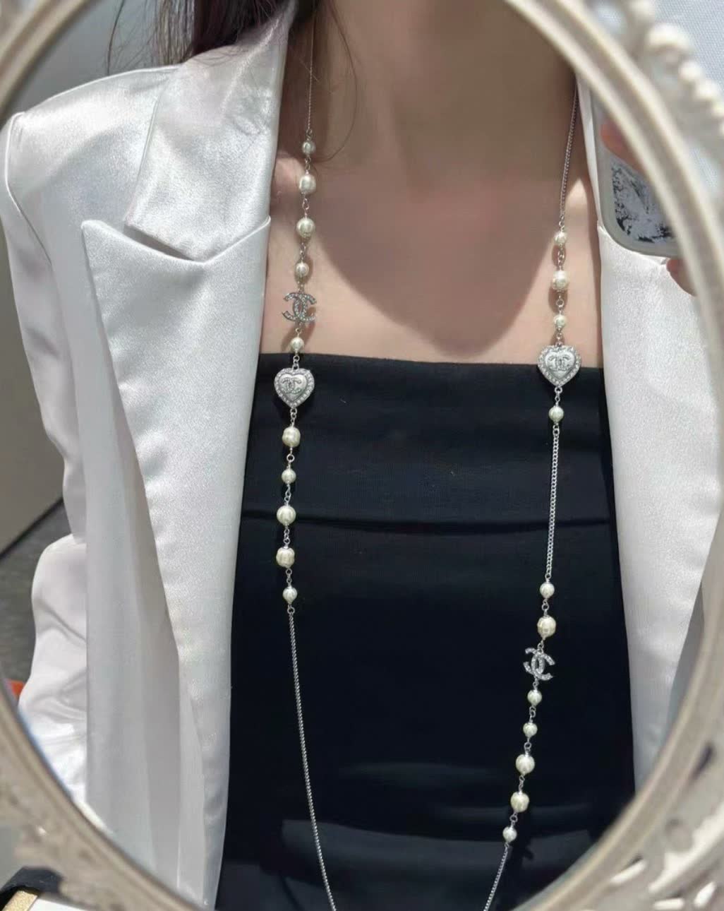 Chanel Pearl and Heart Charm Necklace