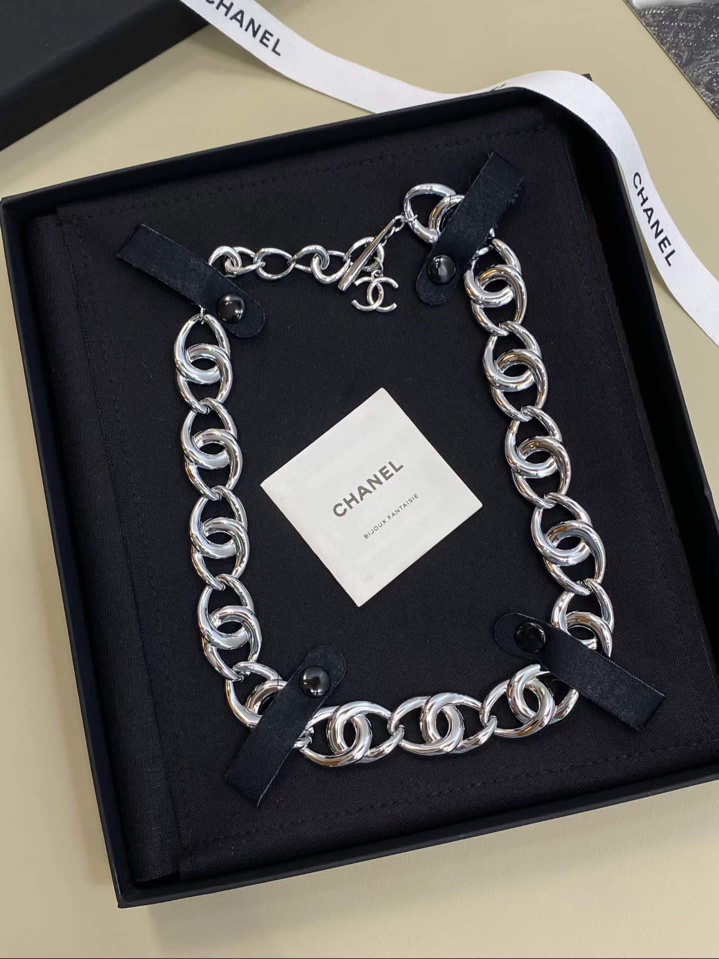 Chanel Silver Chain Necklace and Bracelet Set