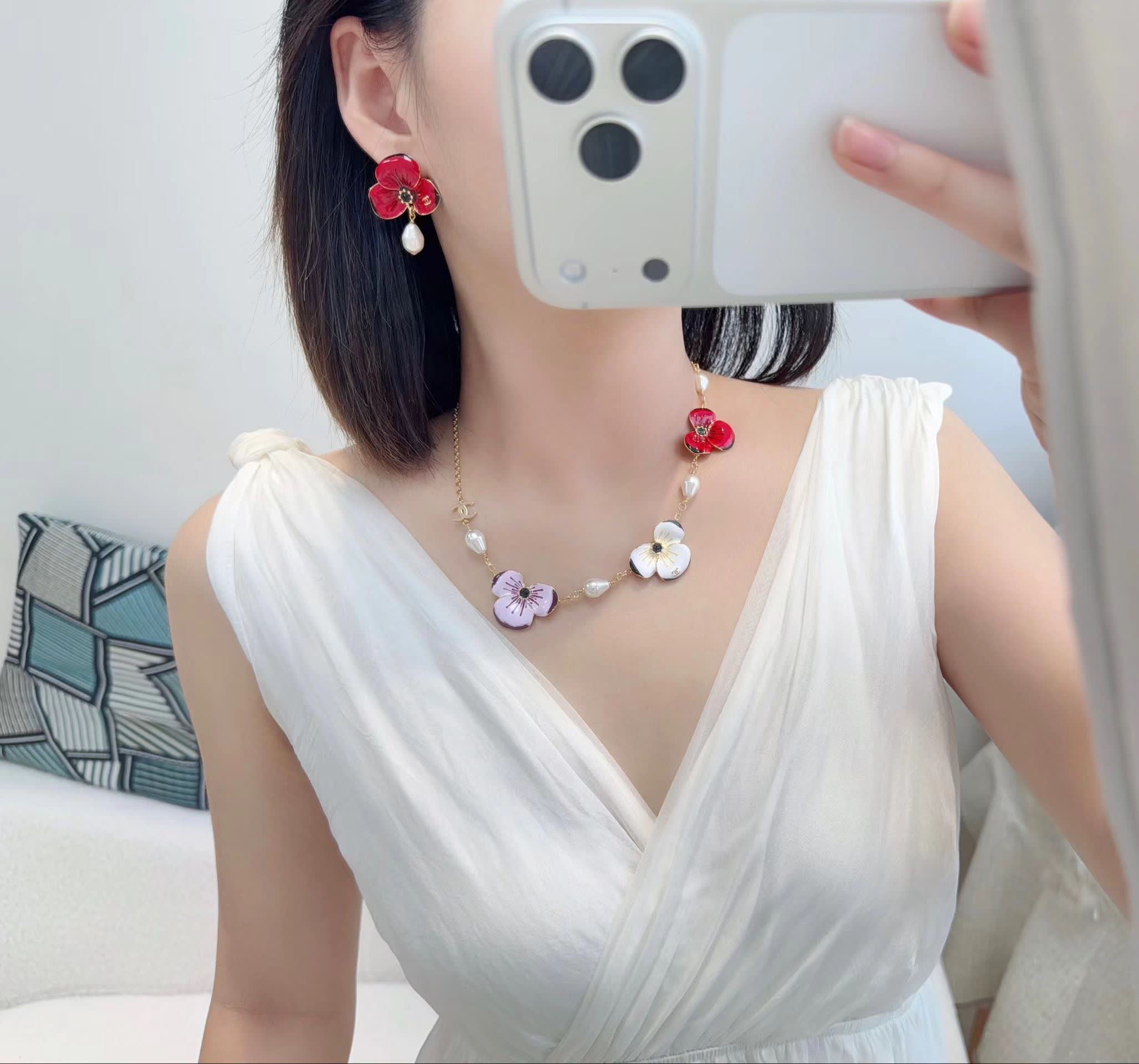 Chanel Enamel Flower and Pearl Necklace