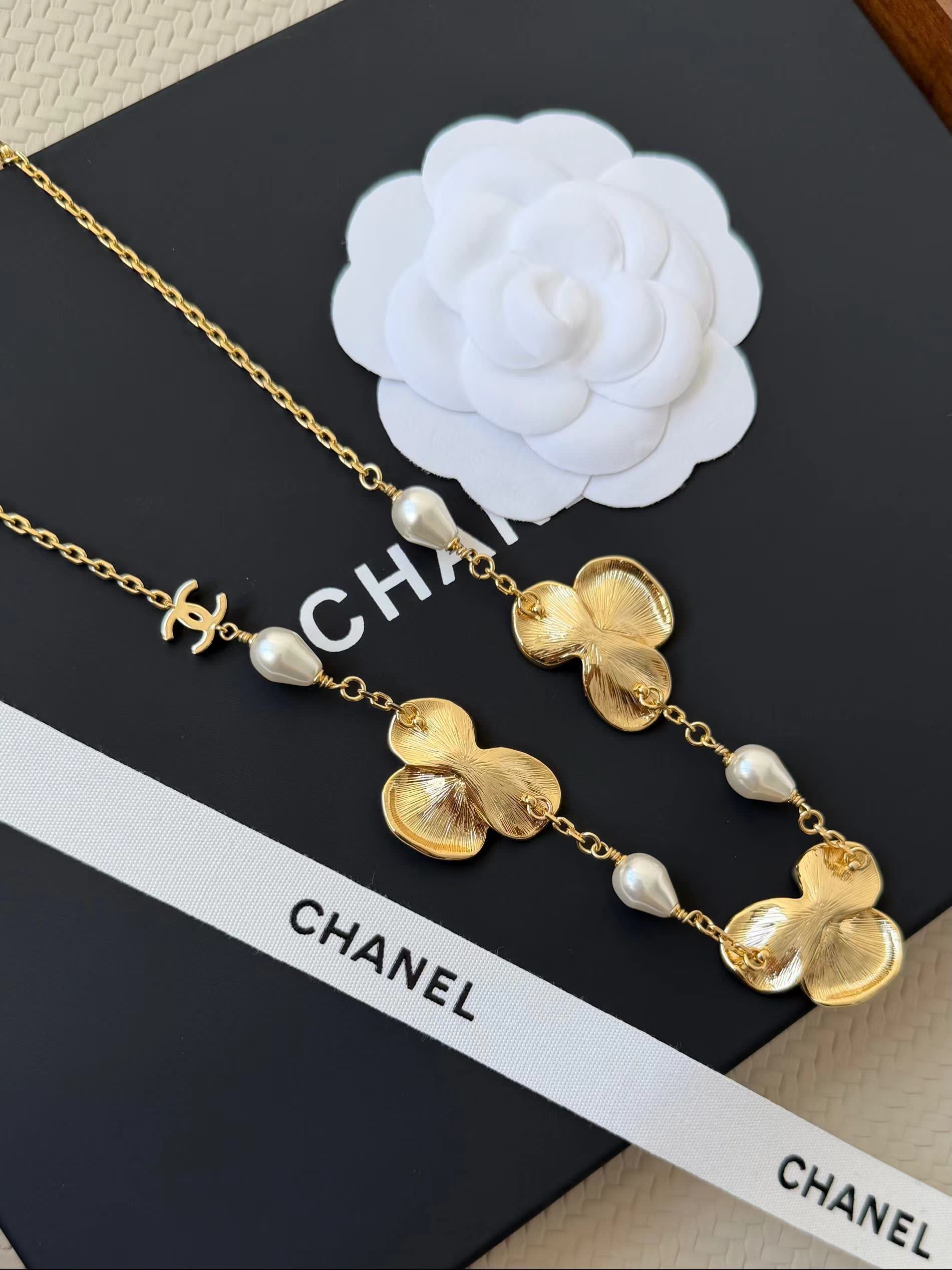 Chanel Enamel Flower and Pearl Necklace