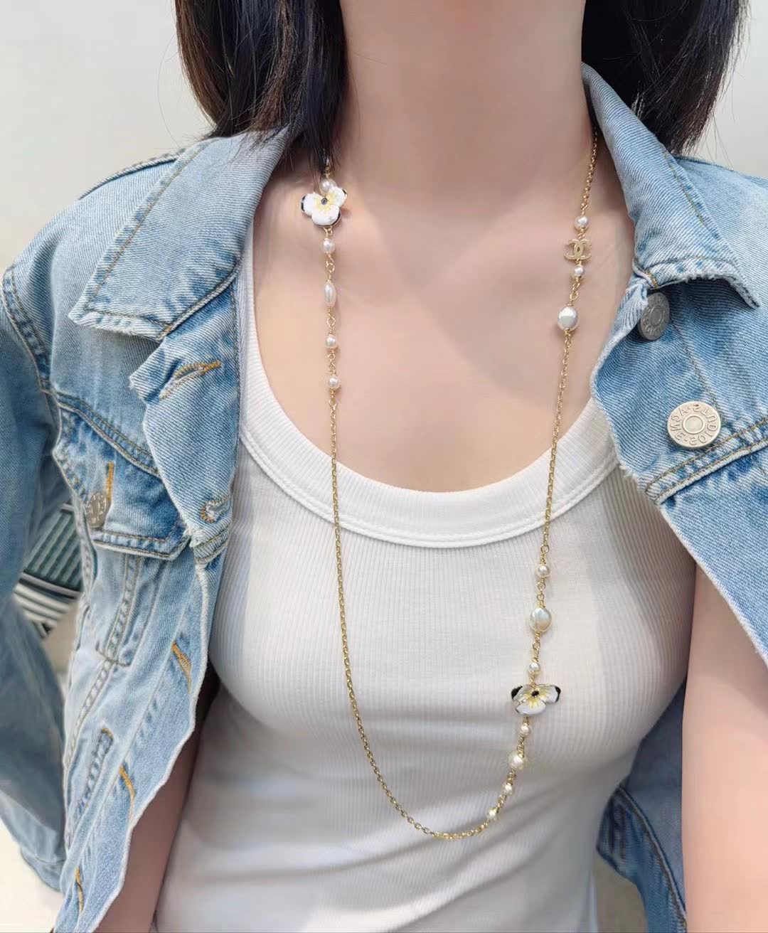 Chanel Long Gold Chain Necklace with Pearls and Flowers