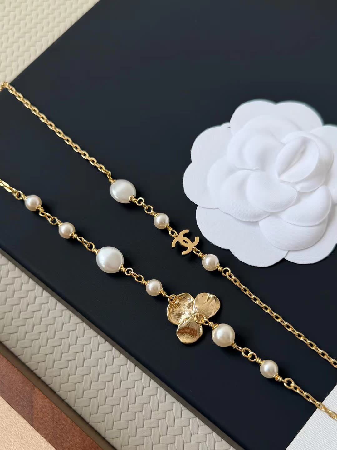 Chanel Long Gold Chain Necklace with Pearls and Flowers