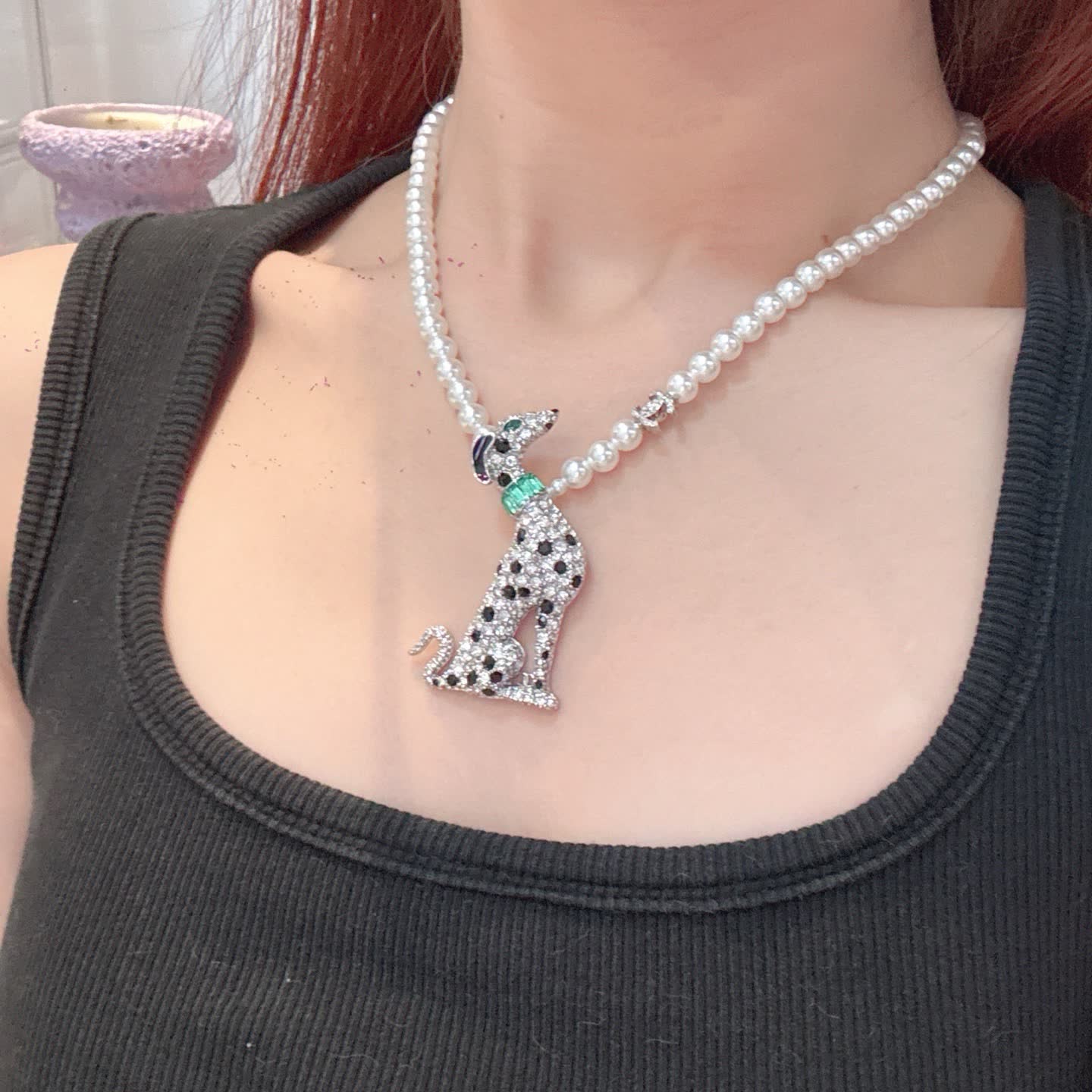 Chanel Elegant White Pearl and Diamond Dog Pendant Necklace