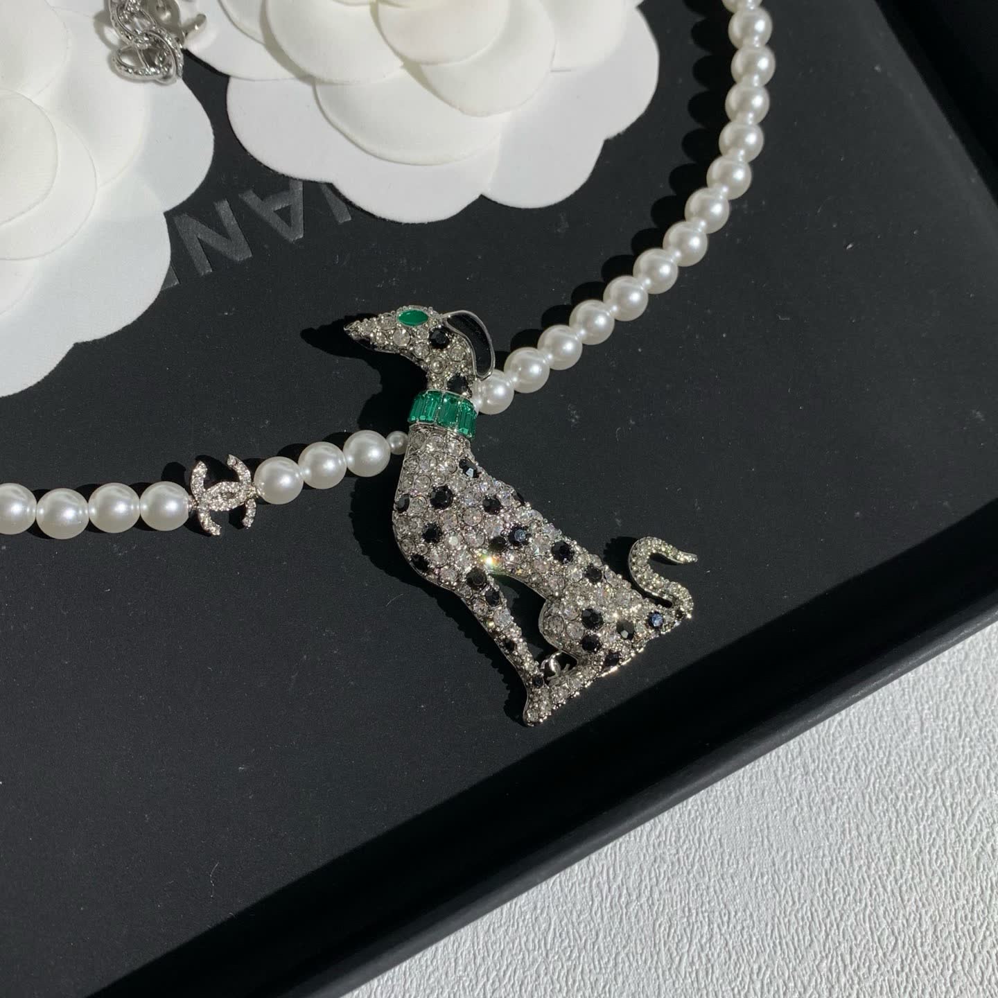 Chanel Elegant White Pearl and Diamond Dog Pendant Necklace