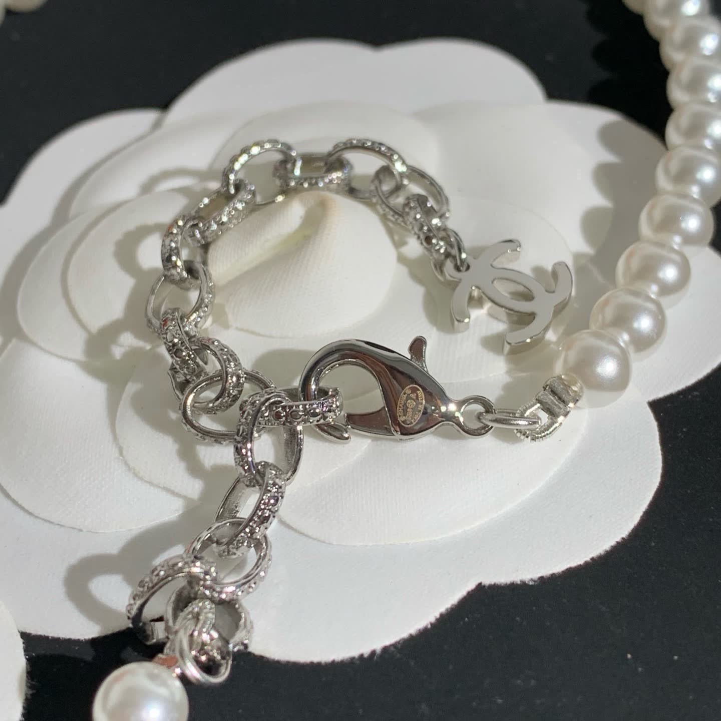 Chanel Elegant White Pearl and Diamond Dog Pendant Necklace