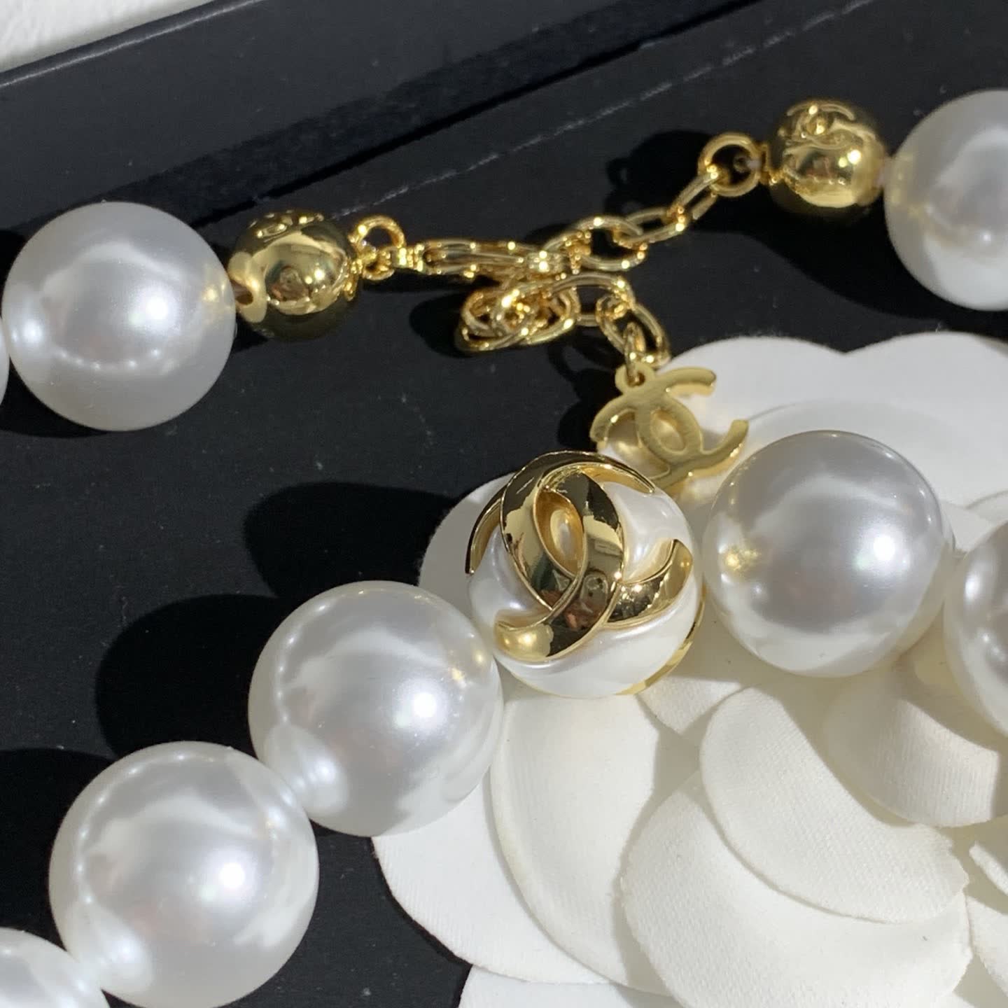 Chanel Elegant White Pearl Necklace with Gold Clasp