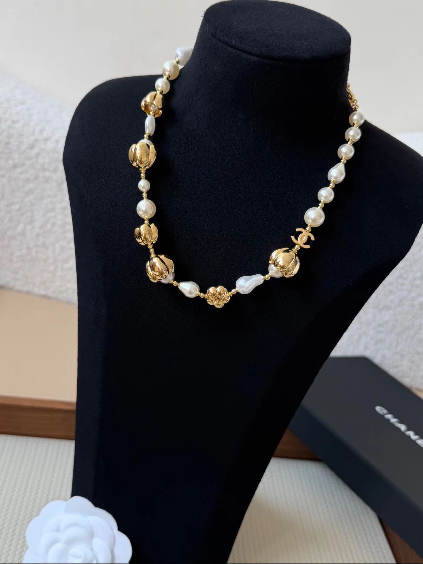 Chanel Elegant Pearl and Gold Bead Necklace