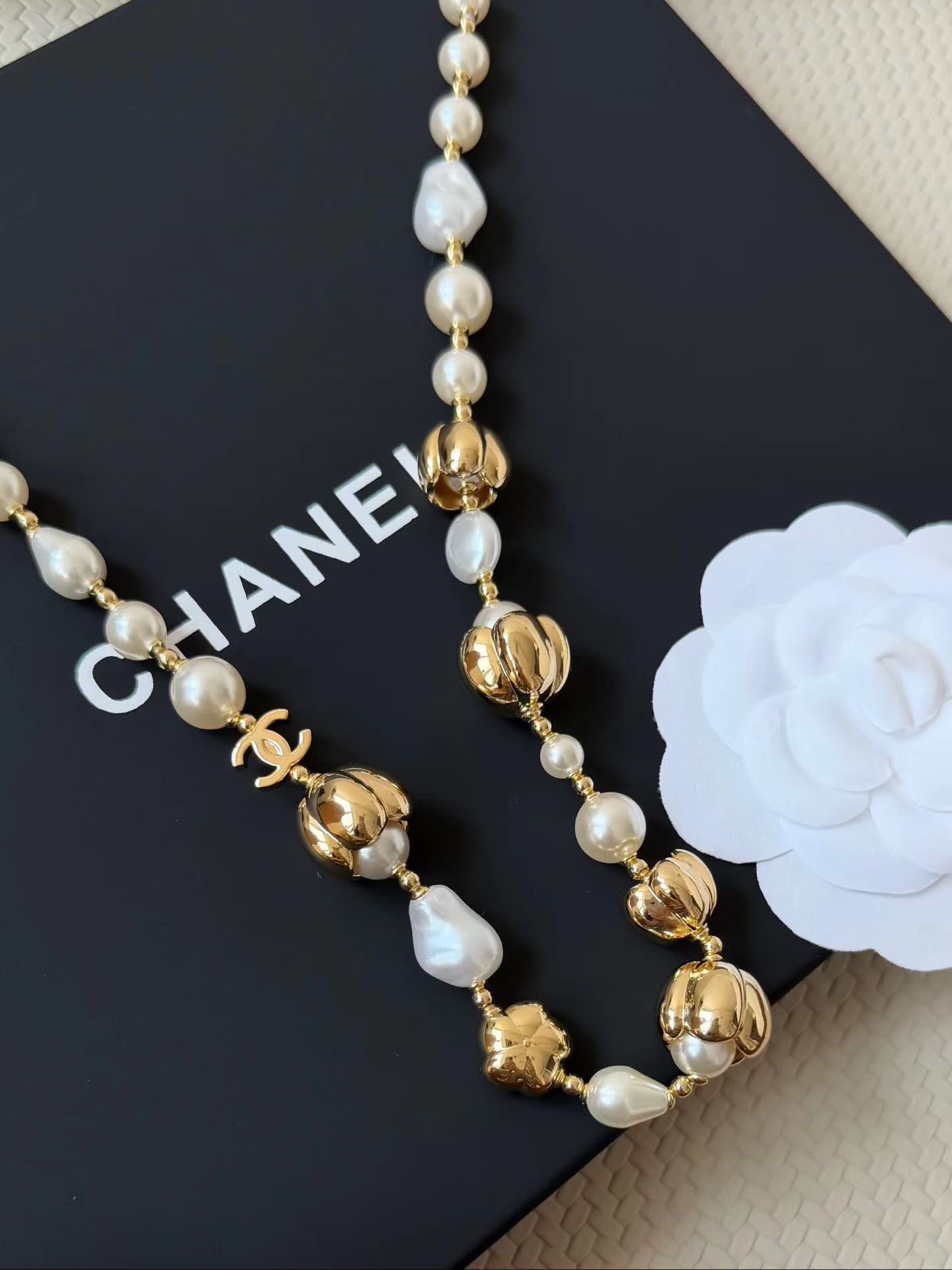 Chanel Elegant Pearl and Gold Bead Necklace