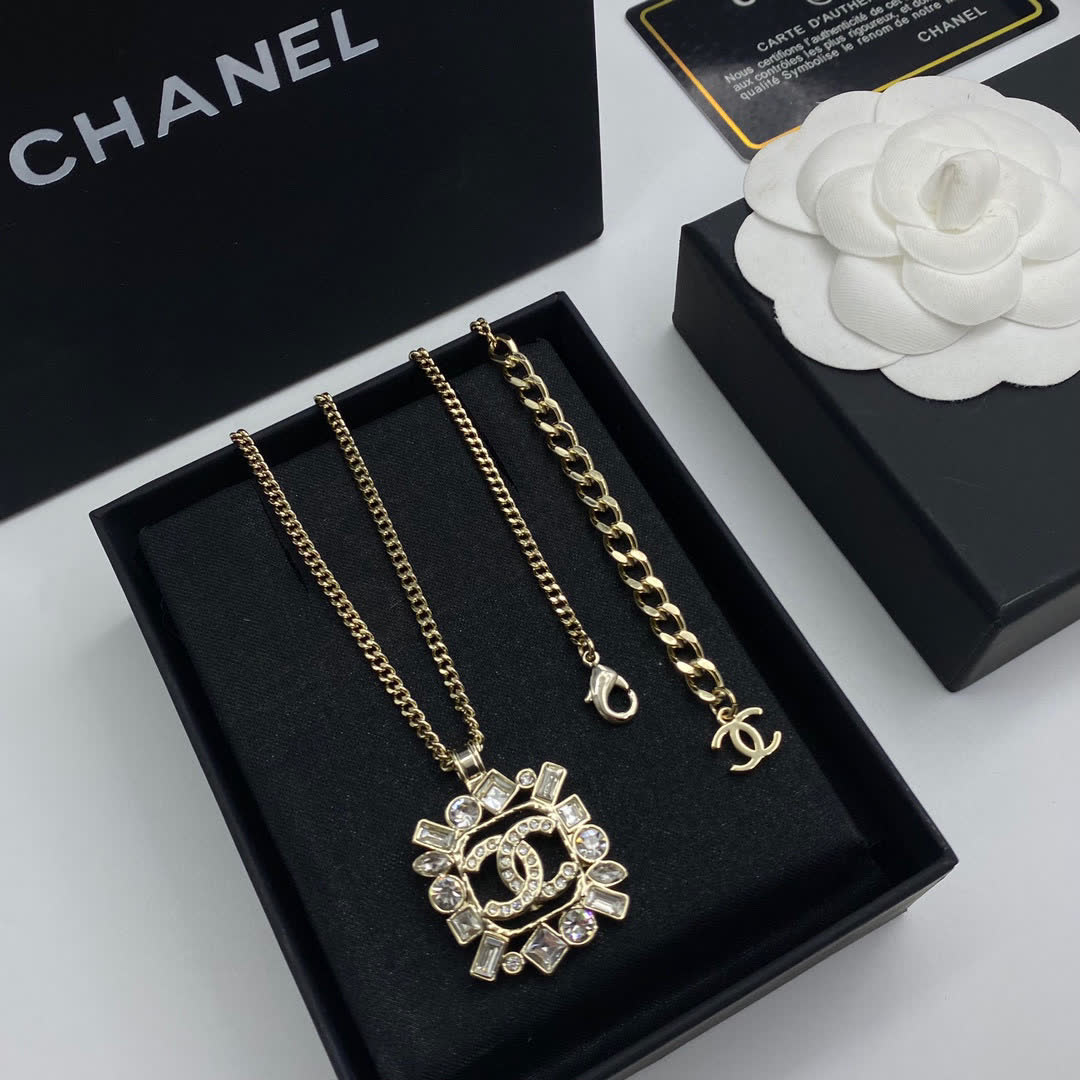 Chanel CC Logo Crystal Pendant Necklace
