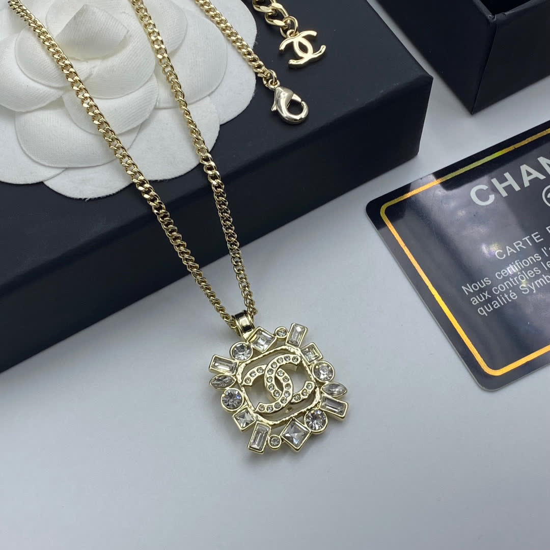 Chanel CC Logo Crystal Pendant Necklace