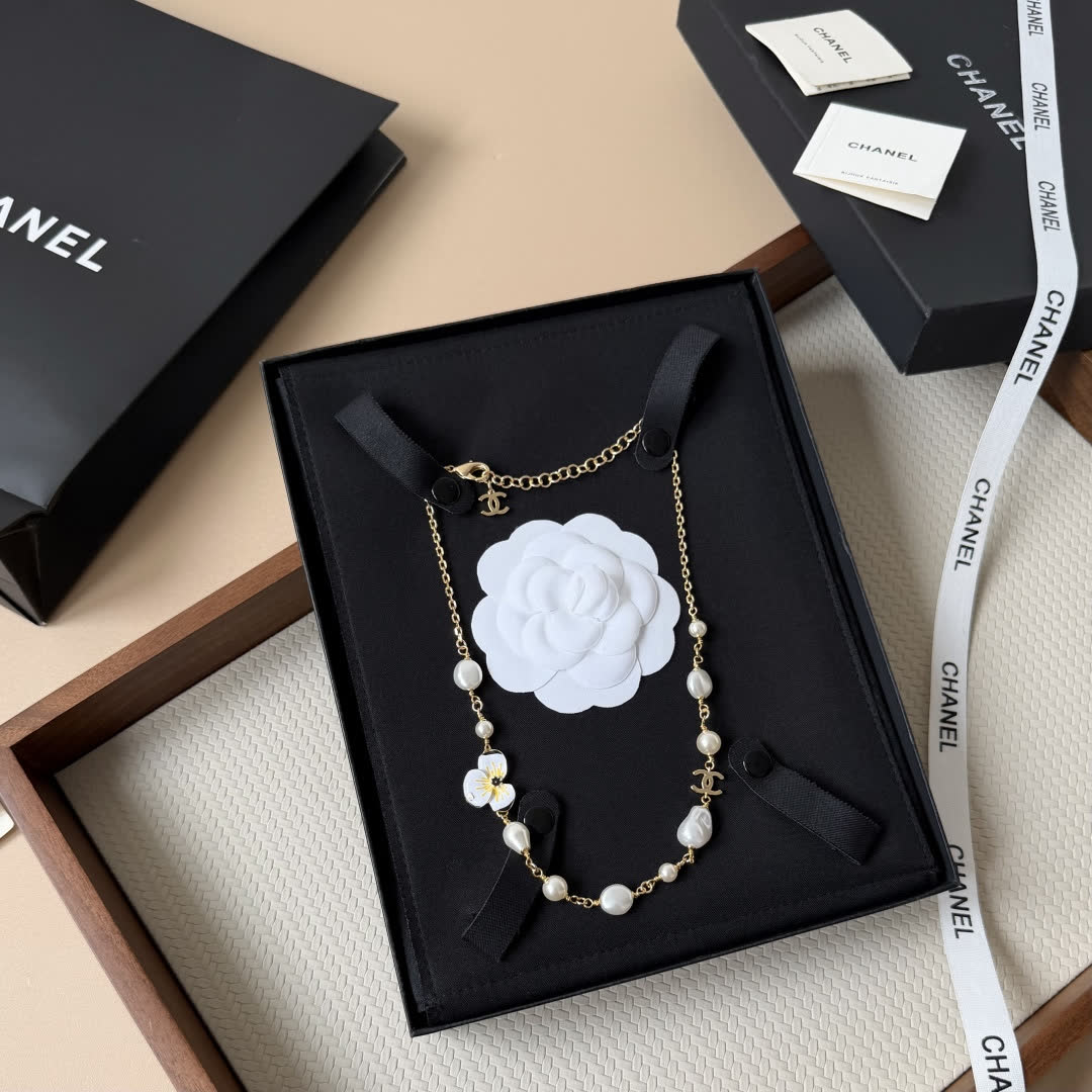 Chanel Elegant Pearl and Enamel Flower Necklace