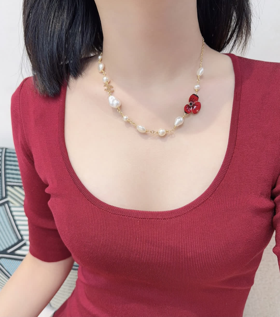 Chanel Red Flower Pearl Necklace