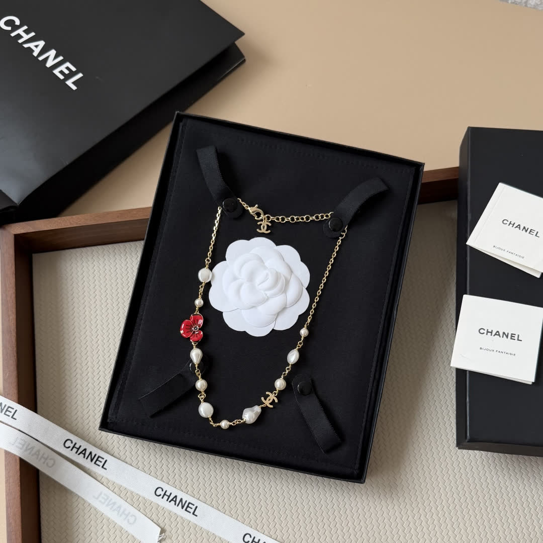 Chanel Red Flower Pearl Necklace