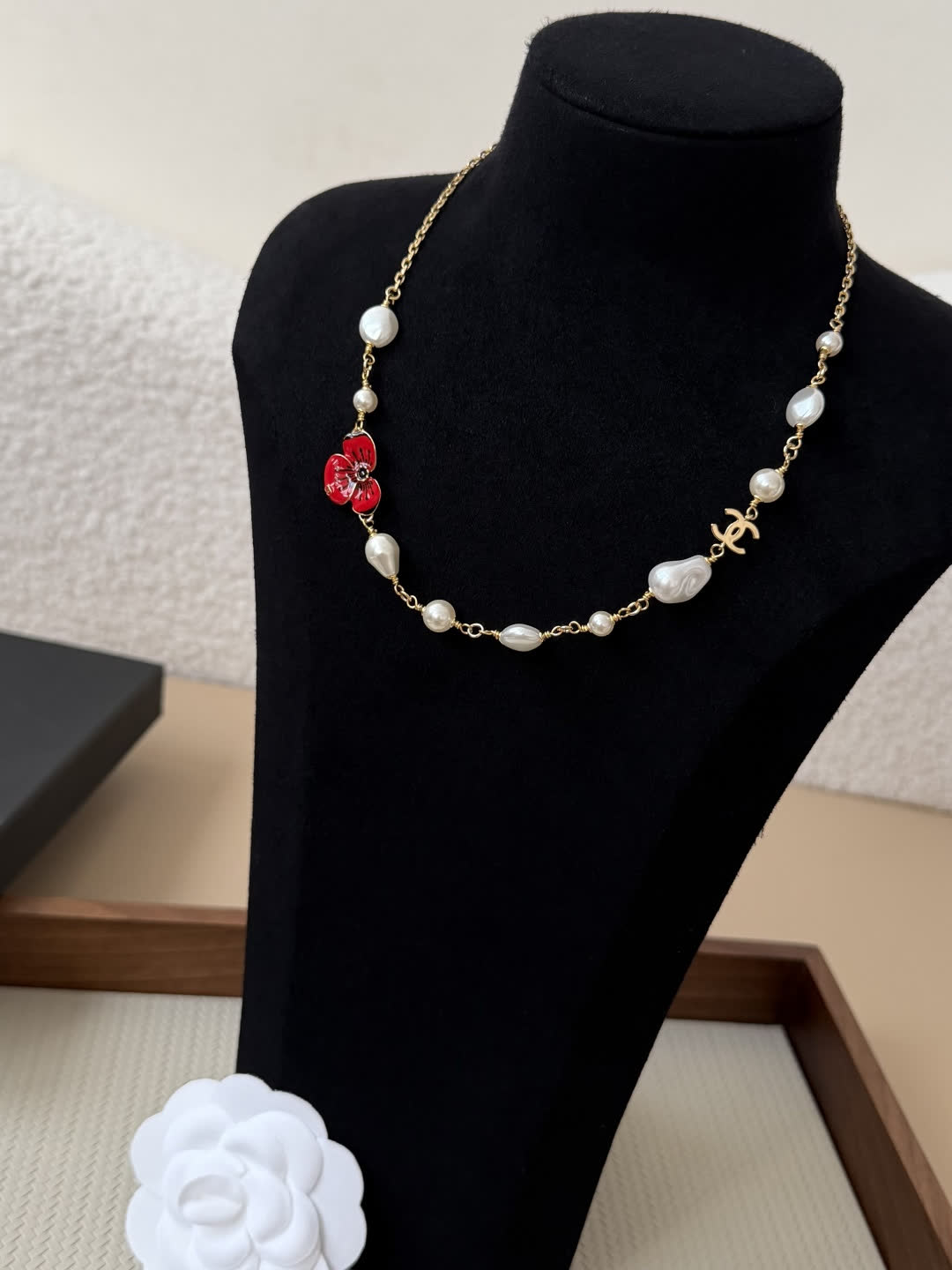 Chanel Red Flower Pearl Necklace