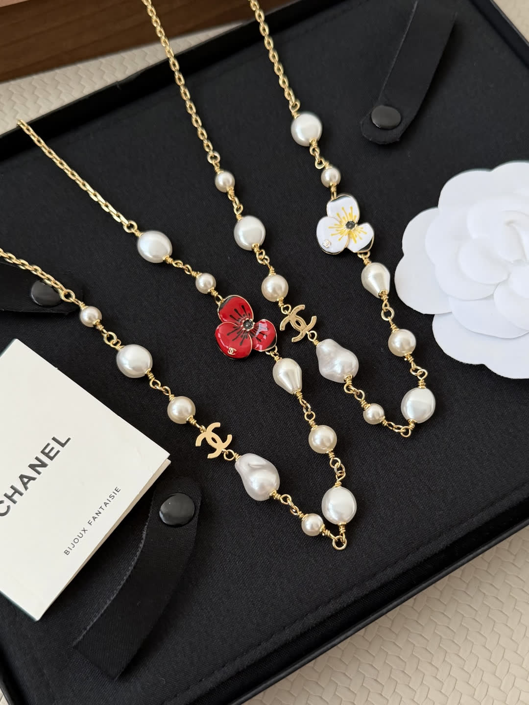Chanel Red Flower Pearl Necklace