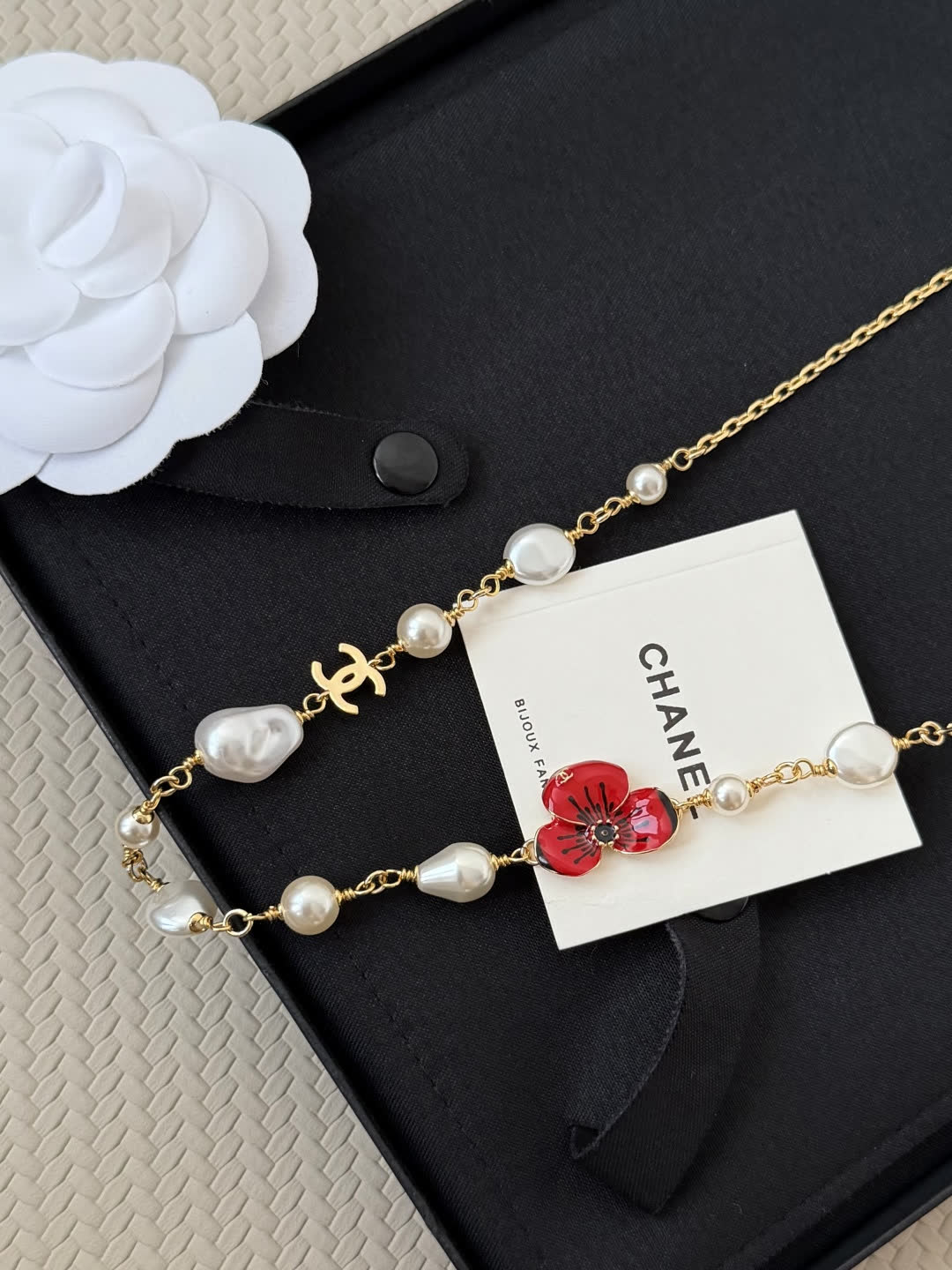 Chanel Red Flower Pearl Necklace