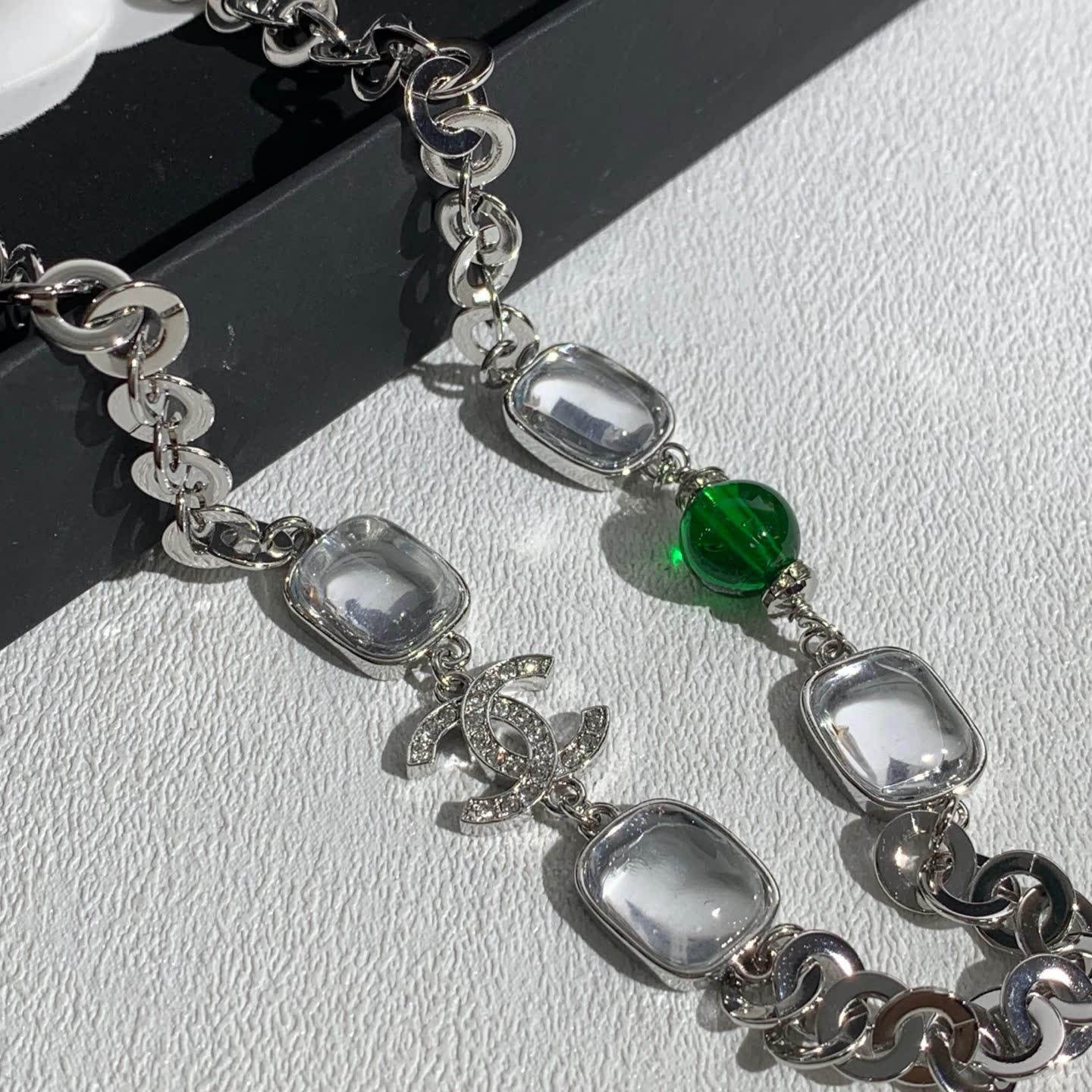 Chanel Silver Necklace with Crystal and Green Bead