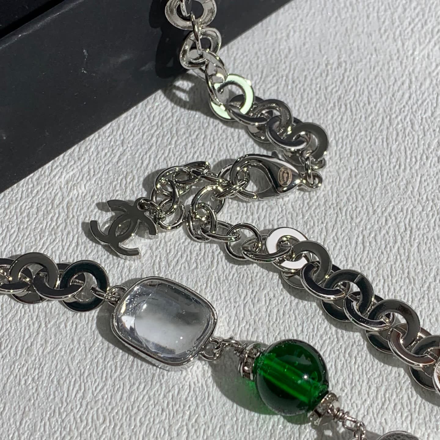 Chanel Silver Necklace with Crystal and Green Bead