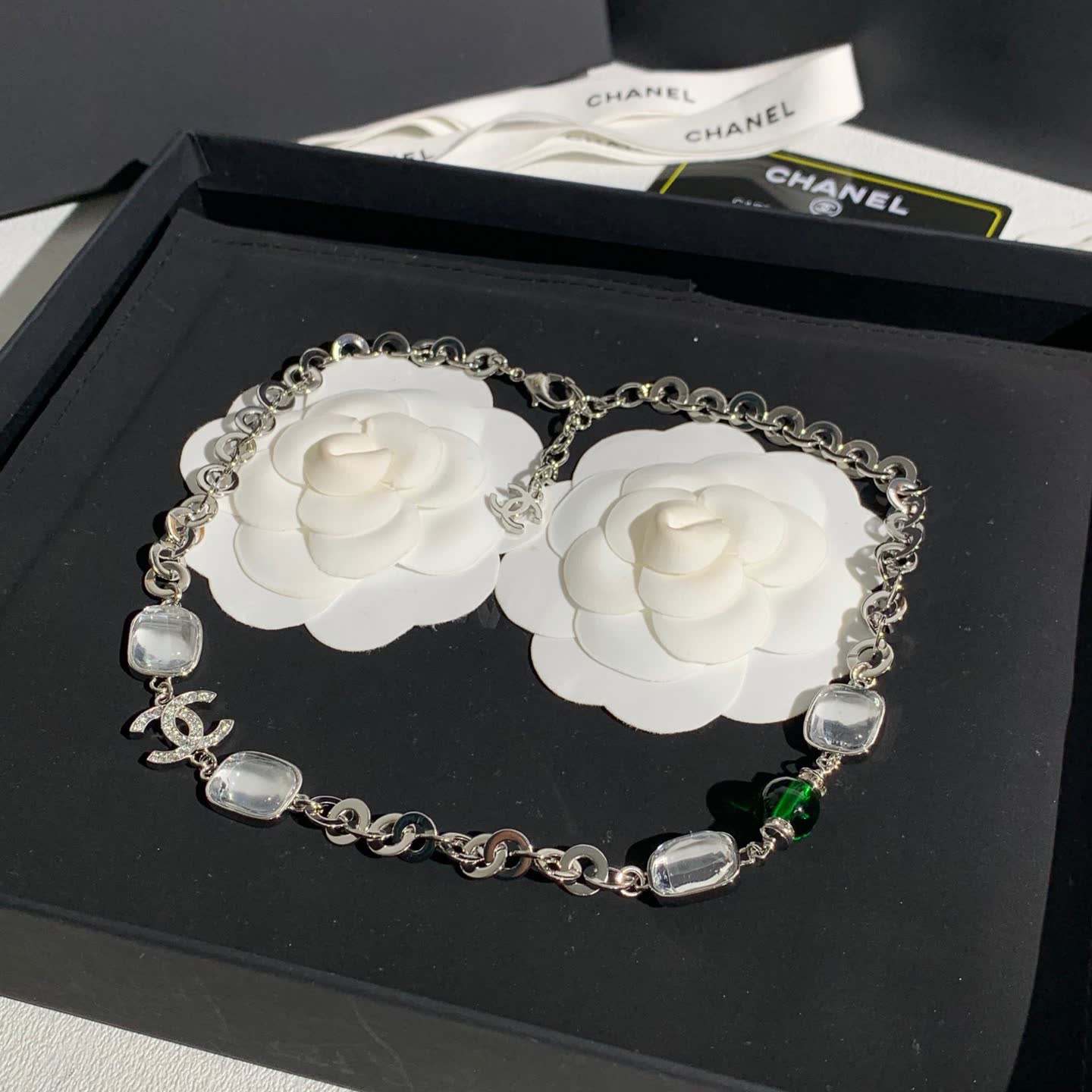 Chanel Silver Necklace with Crystal and Green Bead