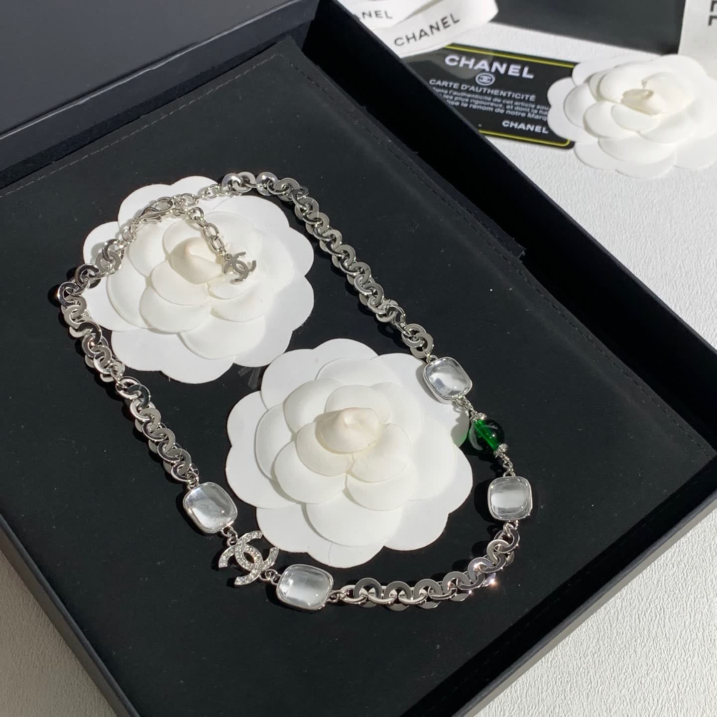 Chanel Silver Necklace with Crystal and Green Bead