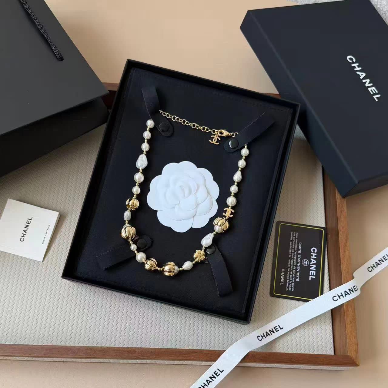Chanel Elegant Pearl and Gold Bead Necklace