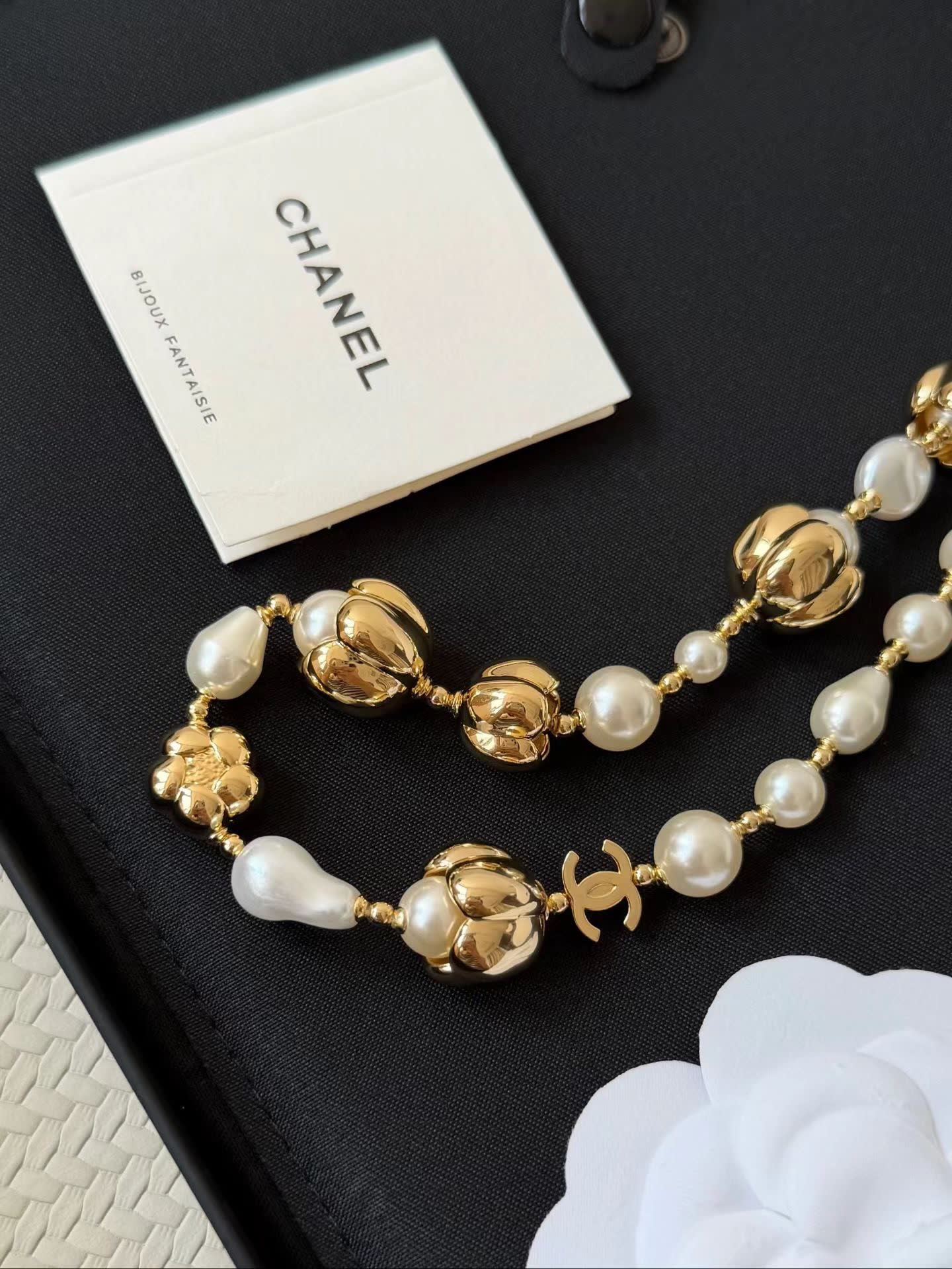 Chanel Elegant Pearl and Gold Bead Necklace