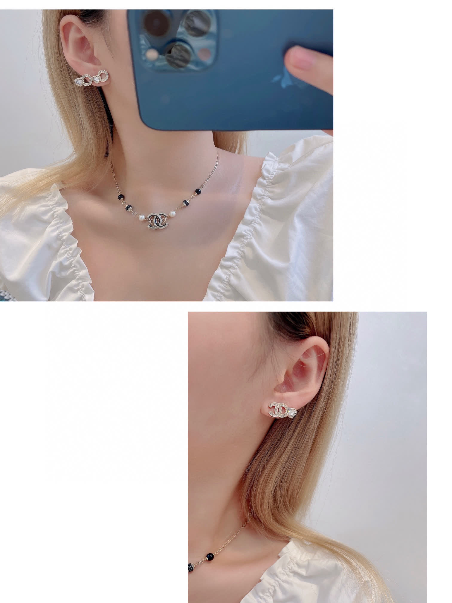 Chanel CC Logo Pearl and Black Bead Necklace